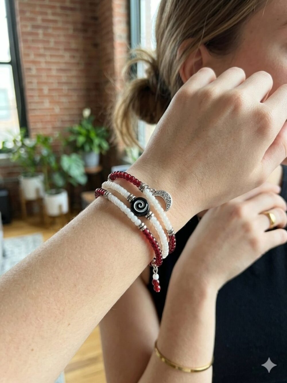 Handcrafted Crimson & Ivory Memory Wire Beaded Bracelet | Crescent Moon